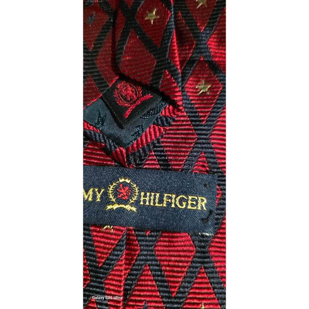 Vintage Repp Necktie Tommy Hilfiger Silk Red &‎ Black Diamond Star Men
